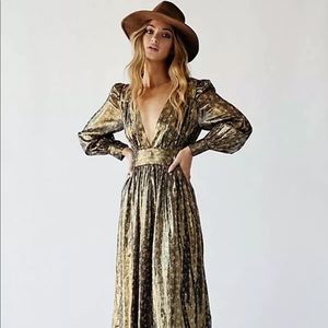 $795 Loveshackfancy Cyrena Silk Plunge Maxi Dress
